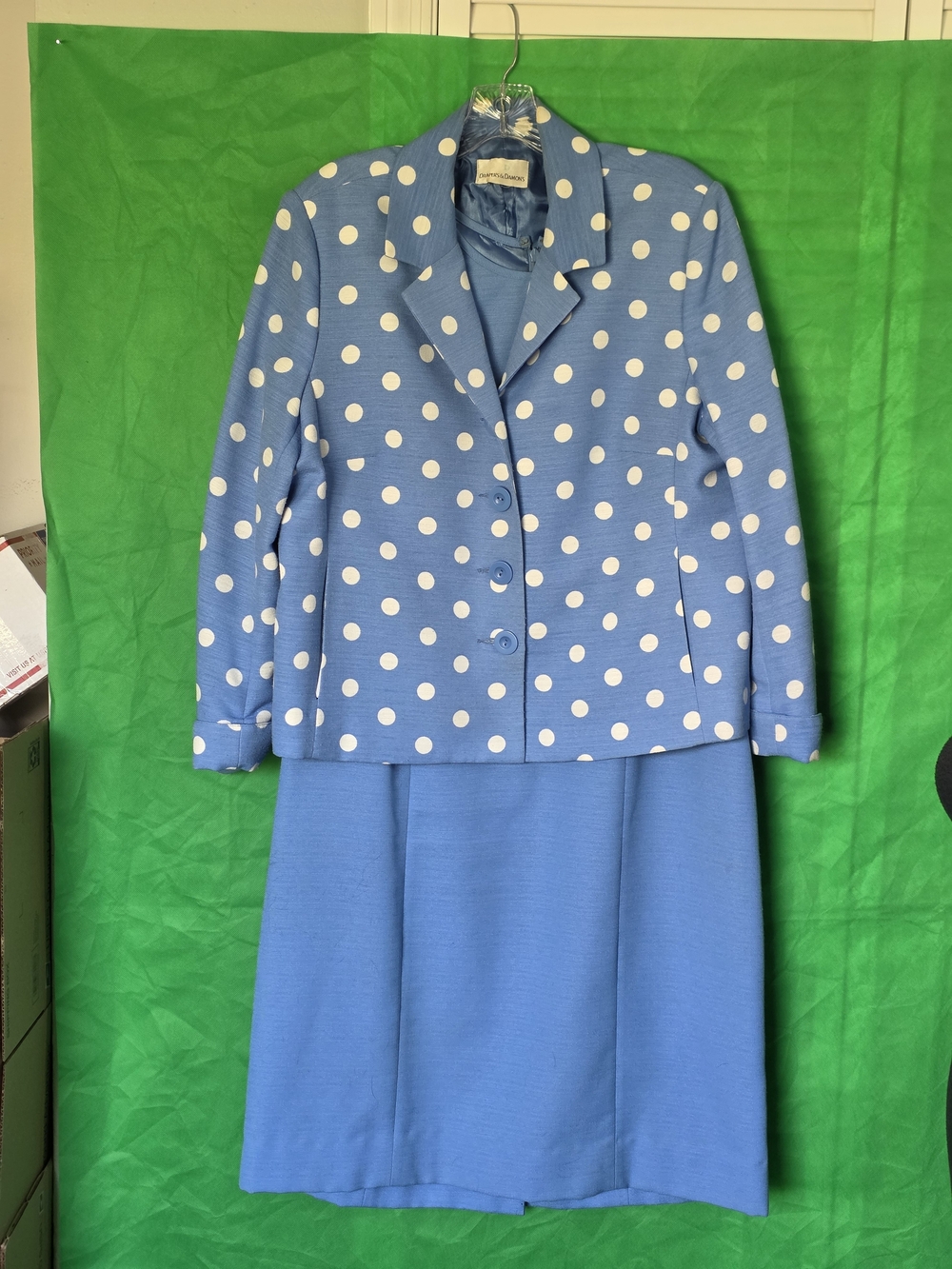 Draper & Damon’s Blue Polka Dot Blazer & Sleeveless Dress Set Two‑Piece Sz L